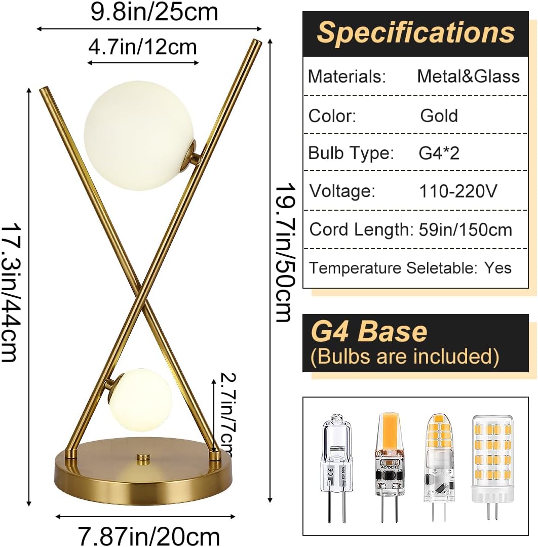 Gold X-Shaped Table Lamp with Globe Glass Shades