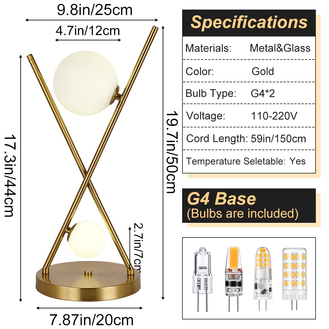 Gold X-Shaped Table Lamp with Globe Glass Shades