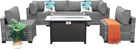 7-Piece Wicker Patio Sectional with Fire Pit