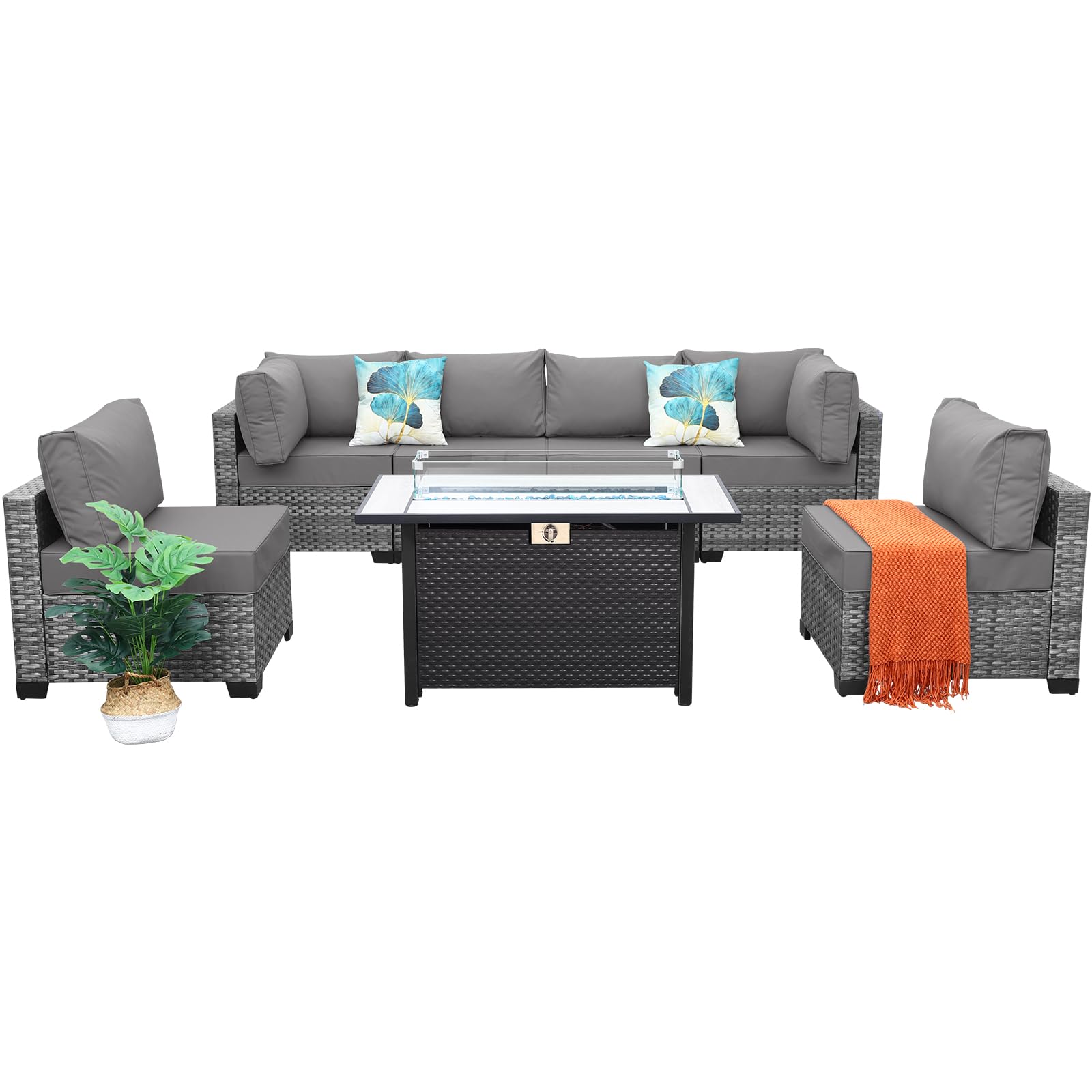 7-Piece Wicker Patio Sectional with Fire Pit