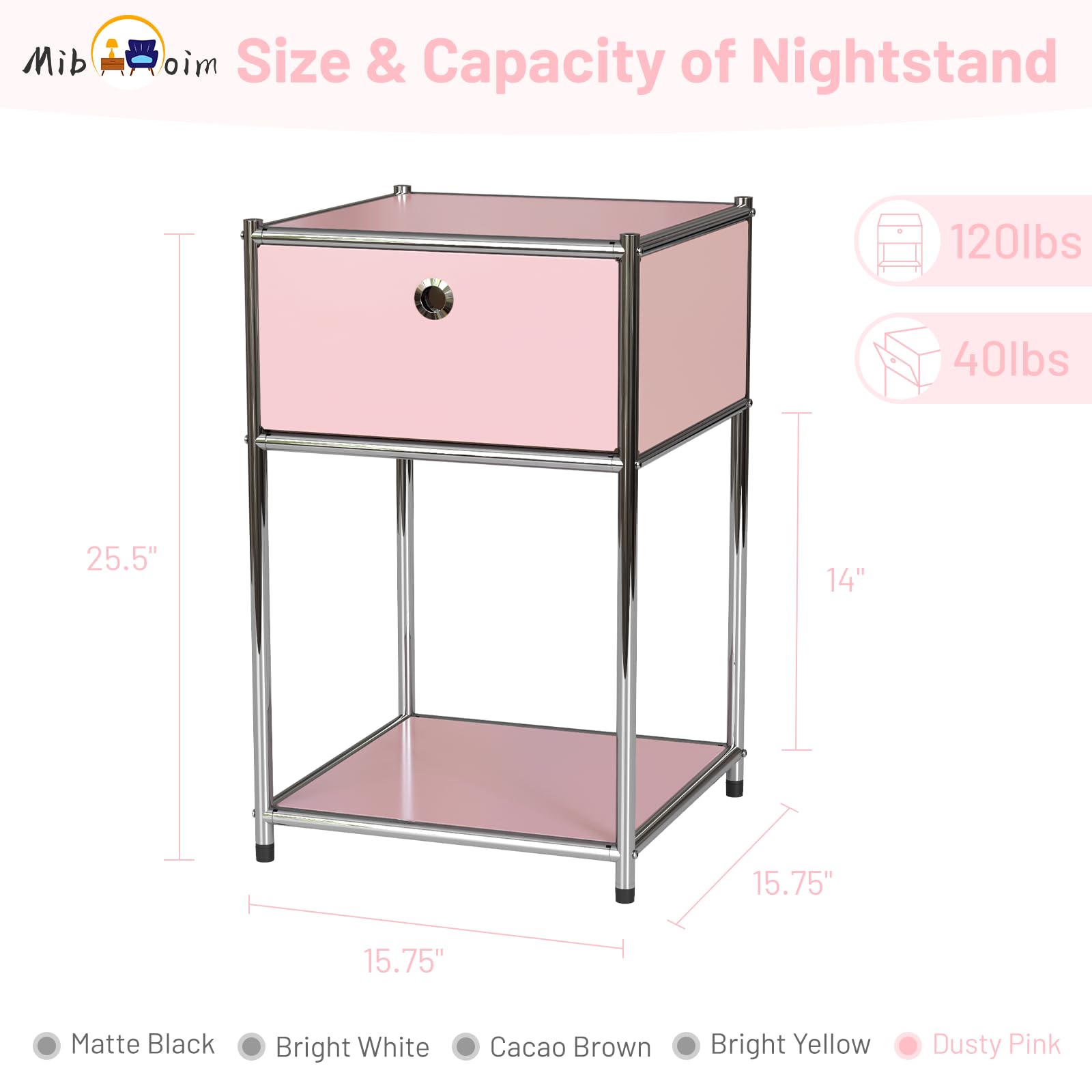 Pink Metal Nightstand with Drawers
