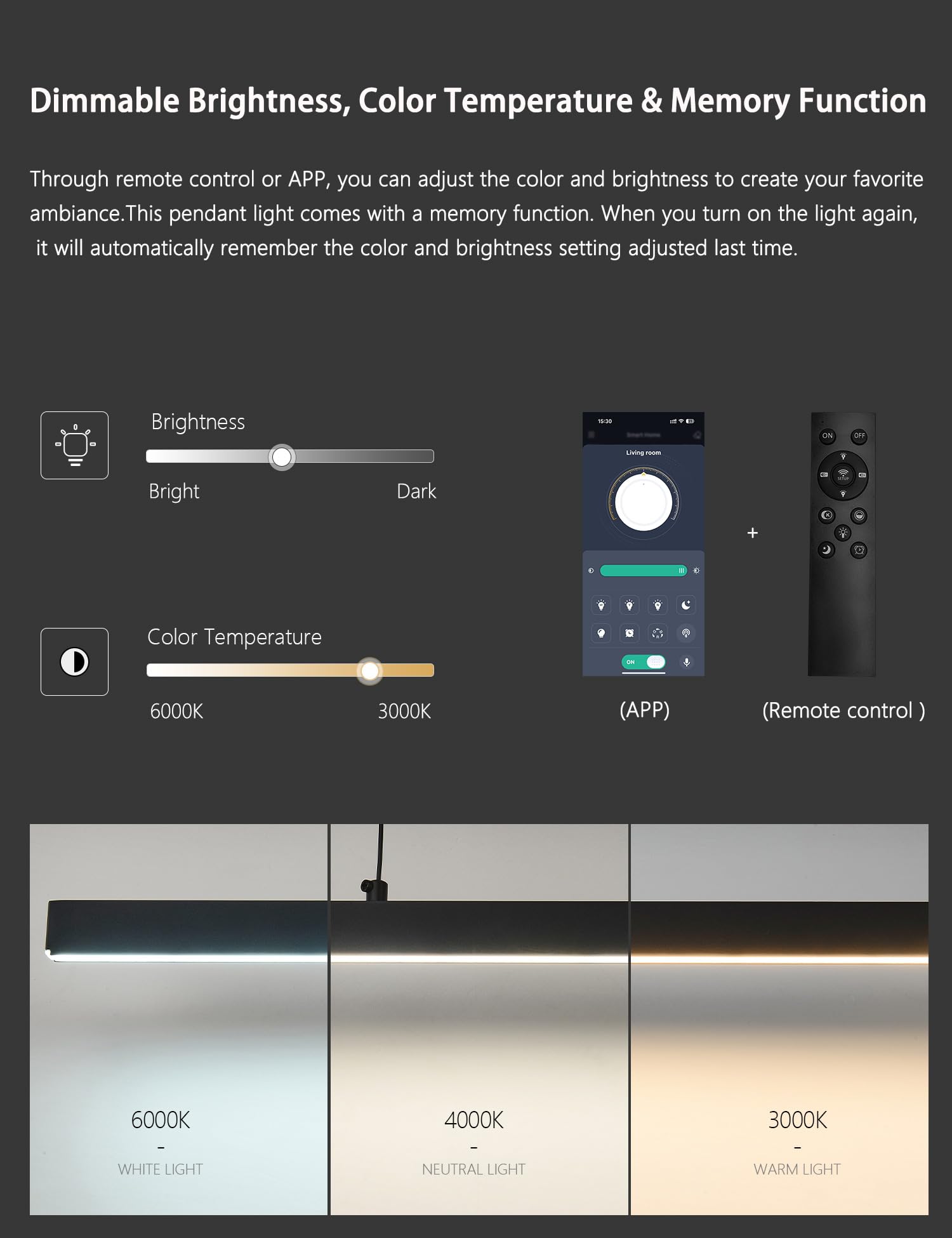 Dimmable LED Linear Pendant Light with Remote Control