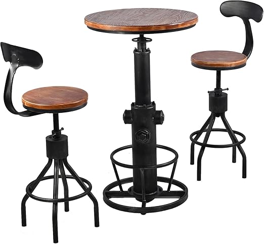 LOKKHAN 3-Piece Bar Table (38.6"-48.4") & 2 Backrest Stools (24"-30") Set for Pub Kitchen Dining Living Party Bistro Breakfast, Swivel Top, Height Adjustable, Most Weld, Space-Saving