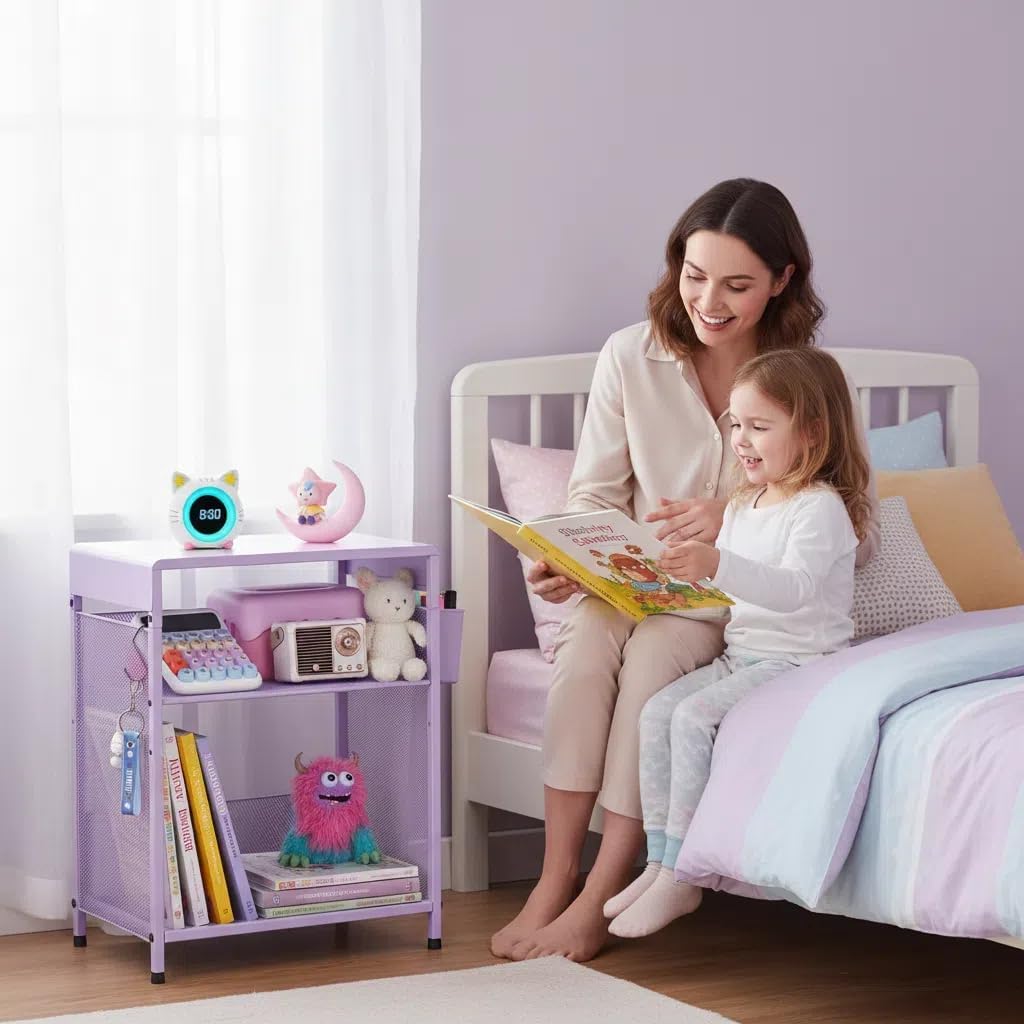 Purple Kids Nightstand 3-Tier Small Side Table