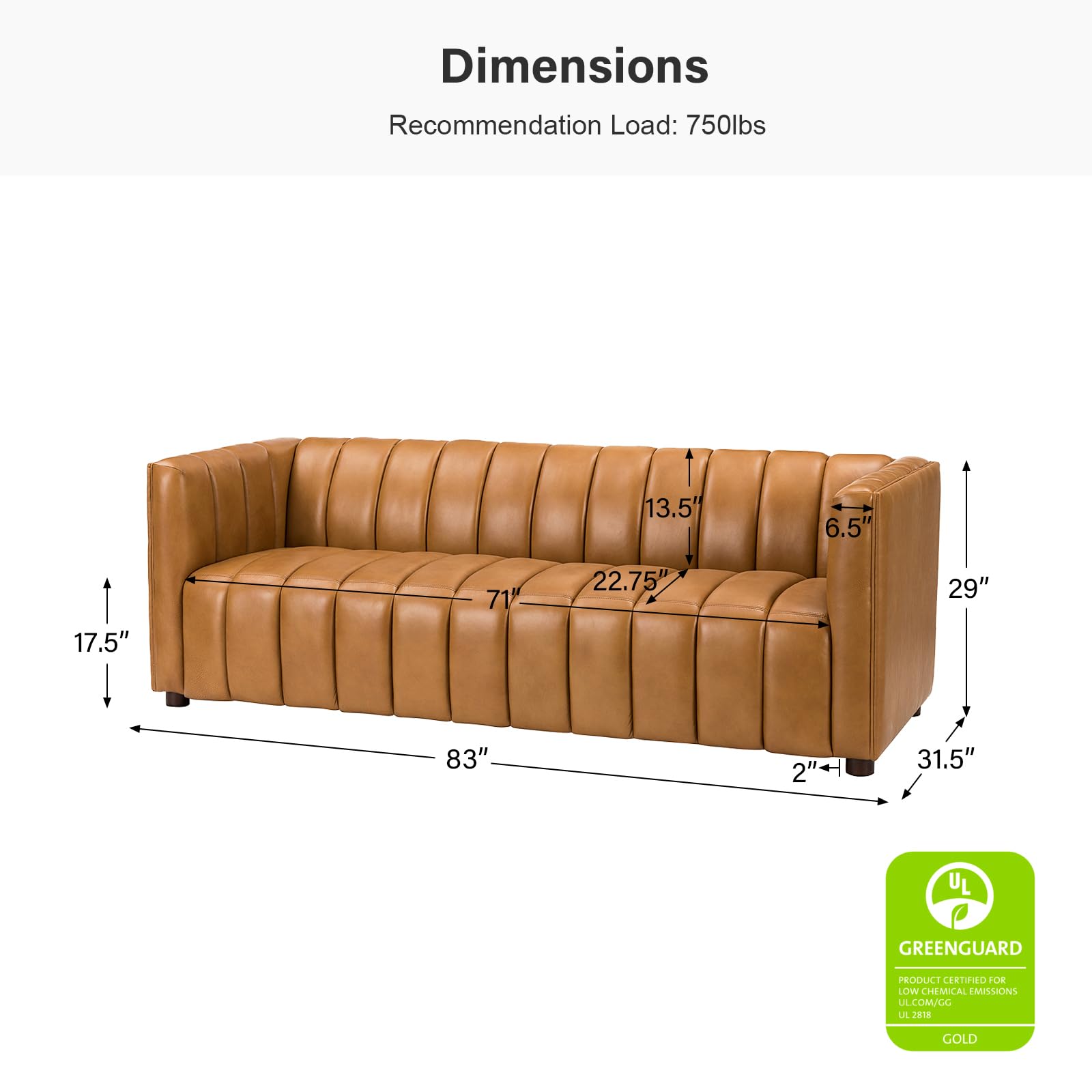 83" Genuine Leather Channel Tufted Sofa