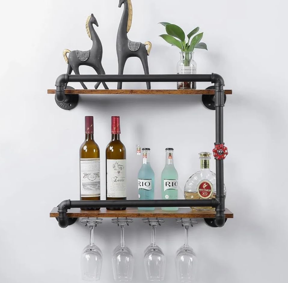 2-Tier Wall Mounted Wine Rack with Glass Holder
