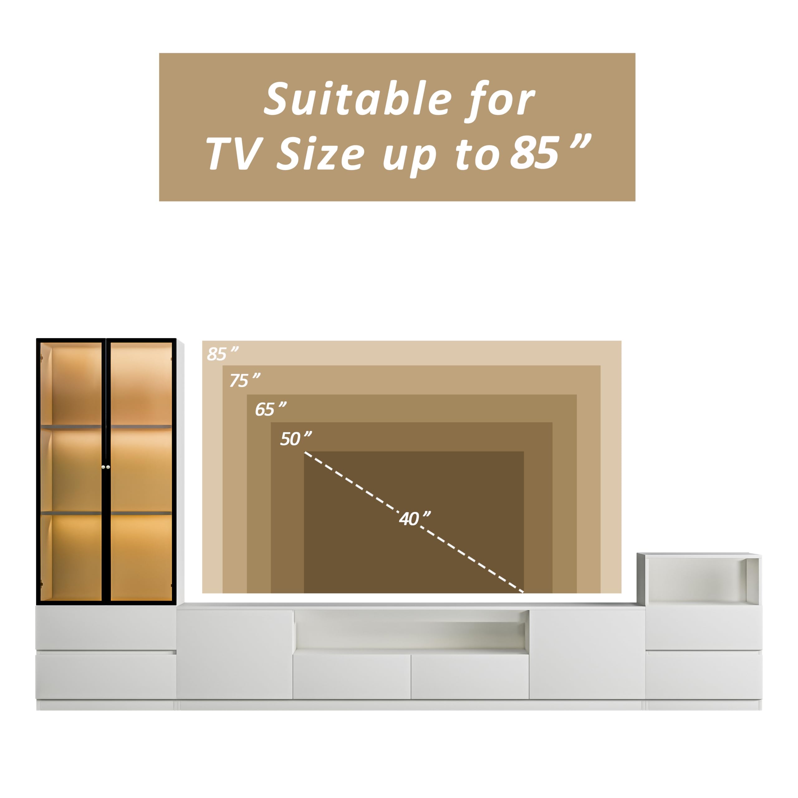 122" White Modern Entertainment Center for 85" TV - 3-Piece Media Console Set