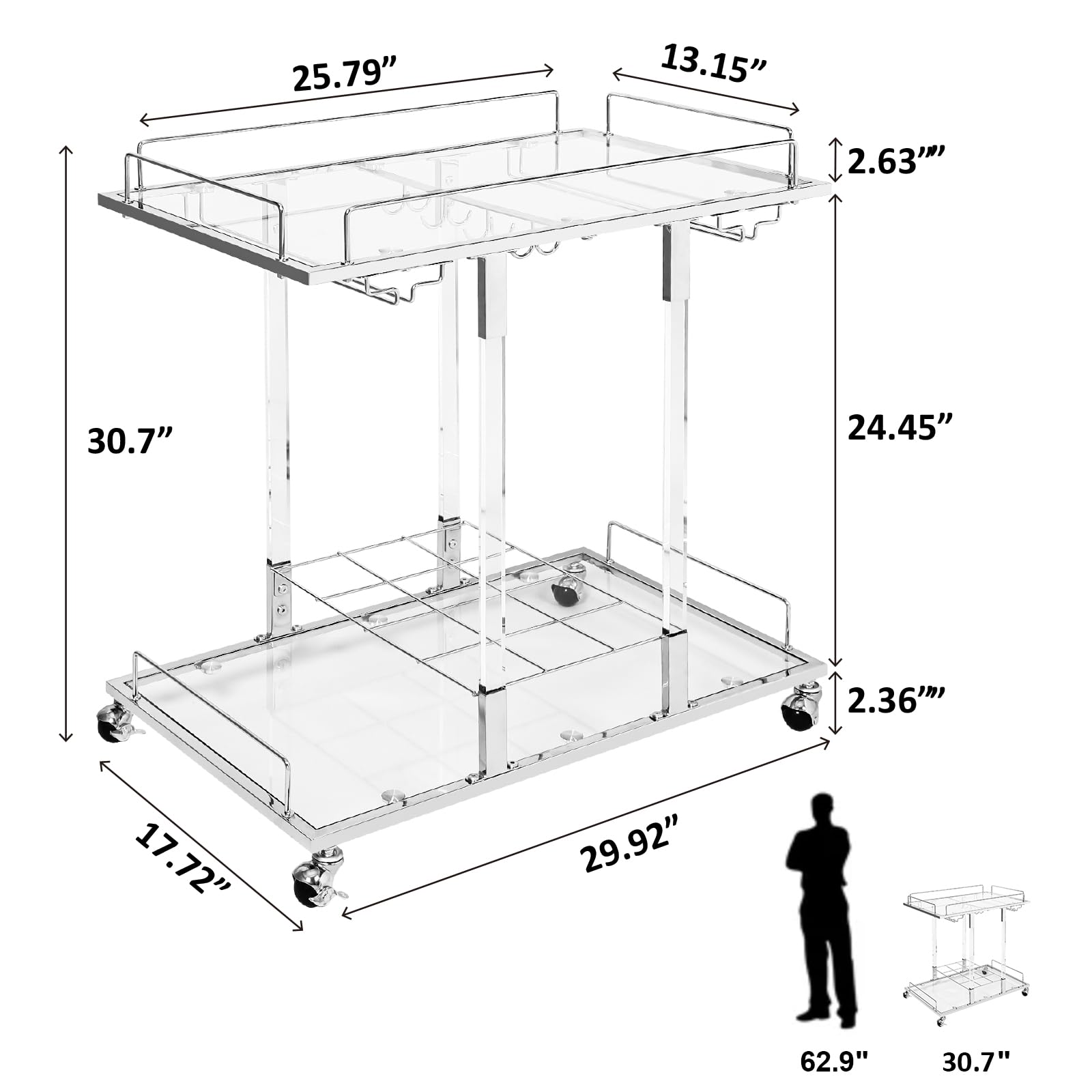 Silver Bar Cart with Wine Rack 2-Tier Acrylic Rolling Cart