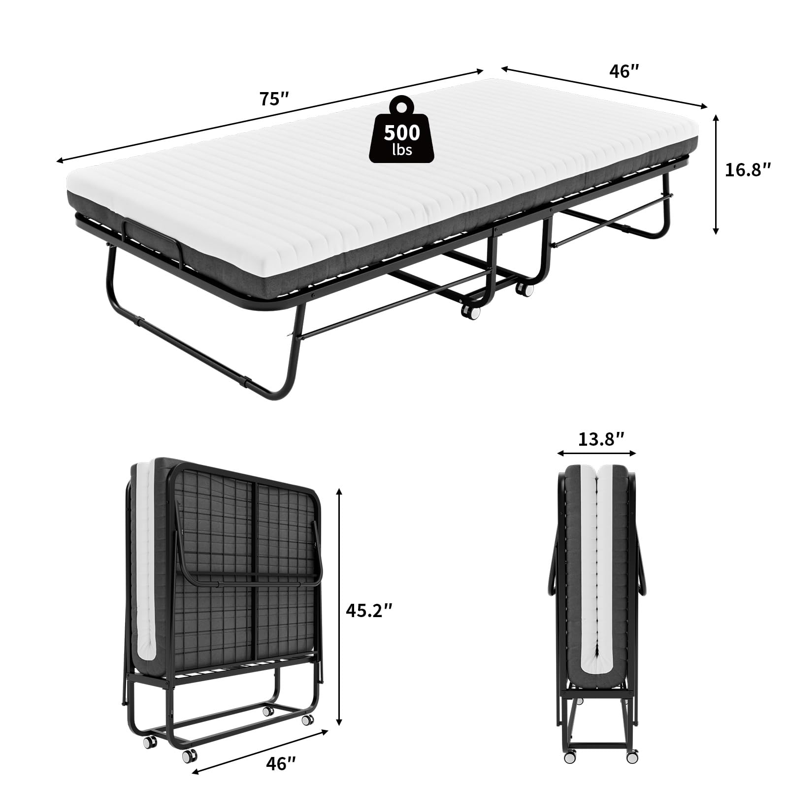 Folding Bed with Memory Foam Mattress 75x46