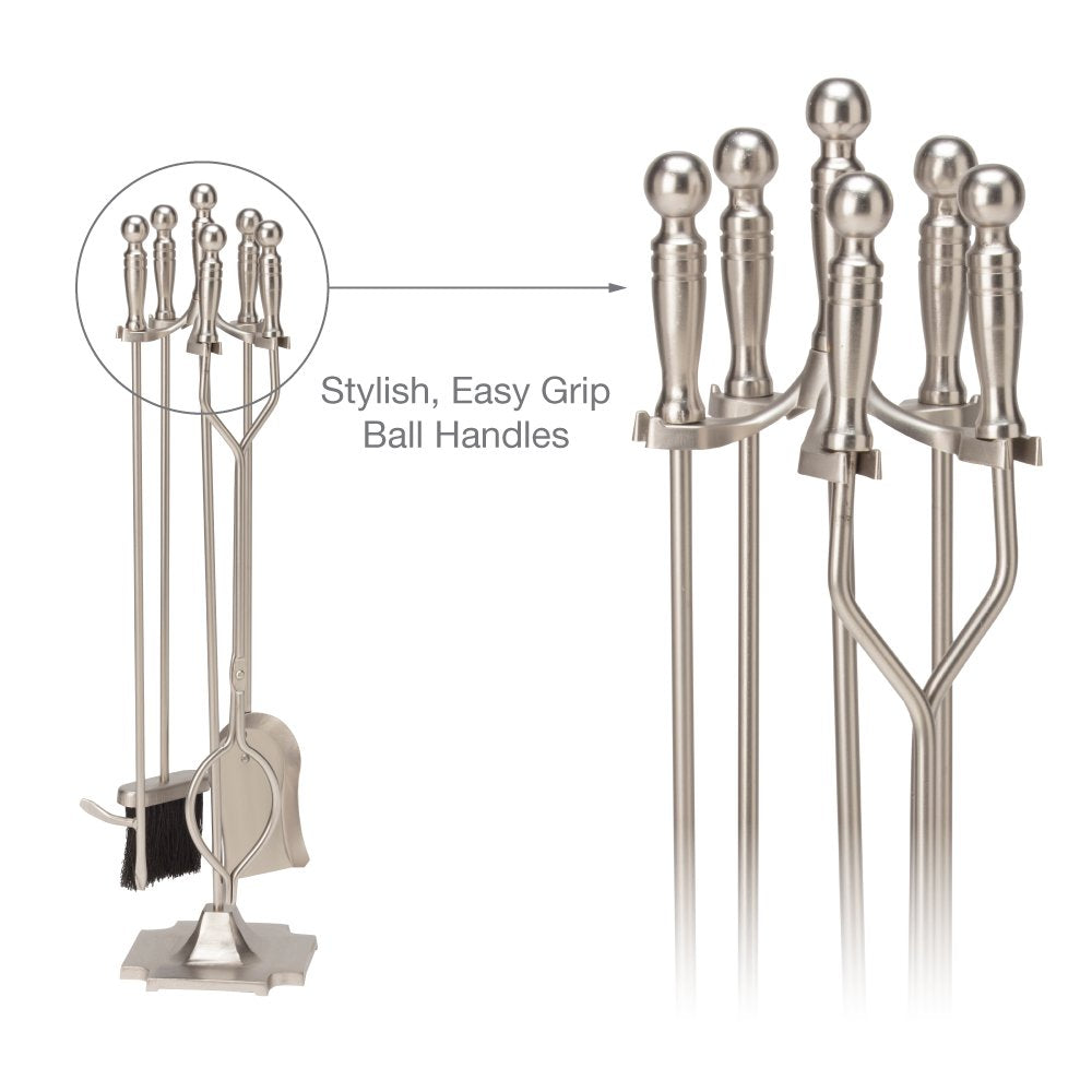 5-Piece Satin Pewter Fireplace Tools Set with Pedestal Stand