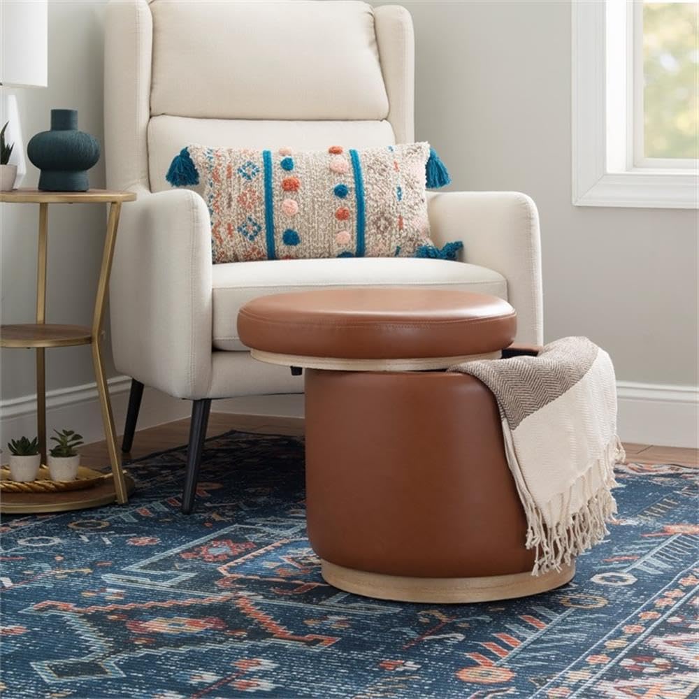 Round Storage Ottoman with Wood Trim