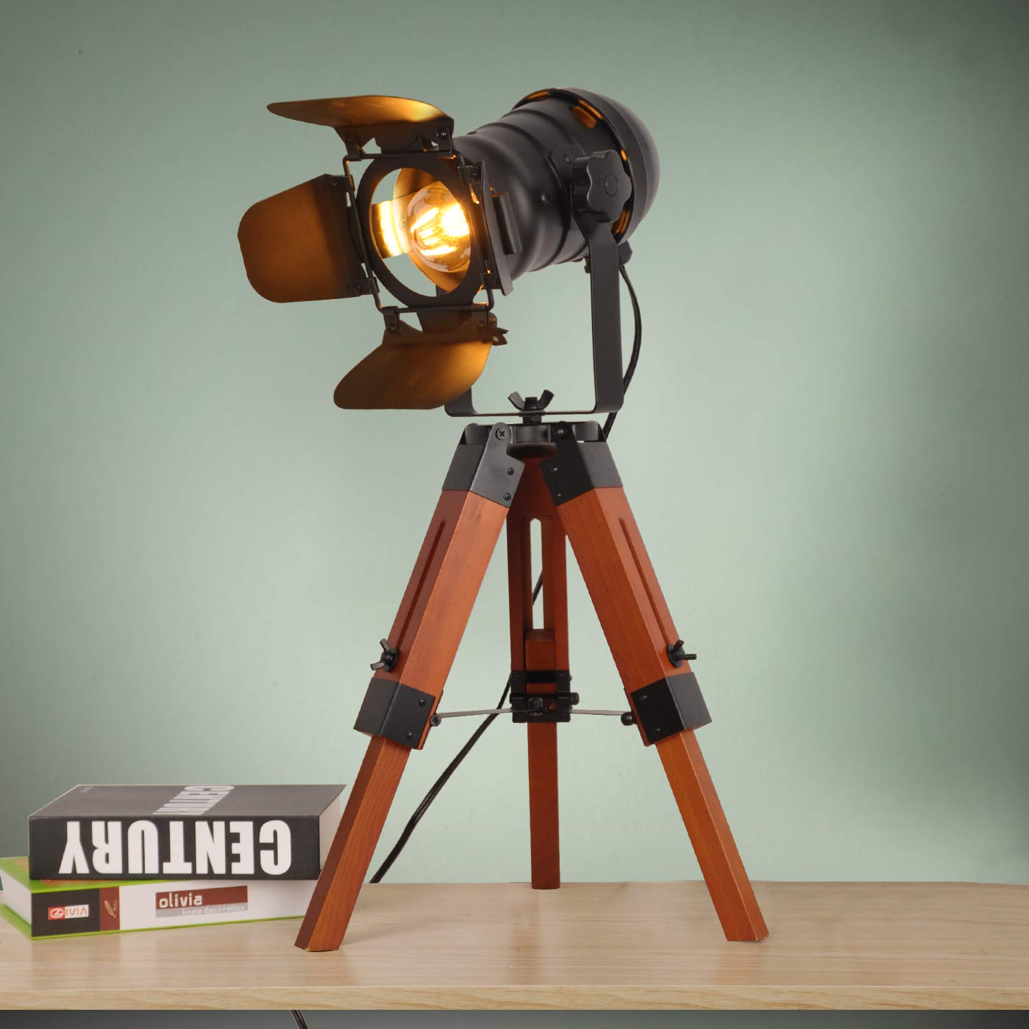 Industrial Tripod Floor Lamp Vintage Wood Cinema Searchlight