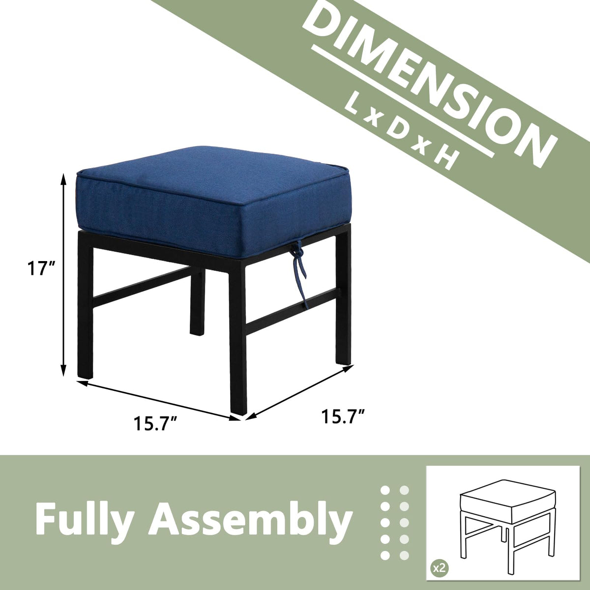 2-Piece Outdoor Patio Ottomans with Blue Cushions