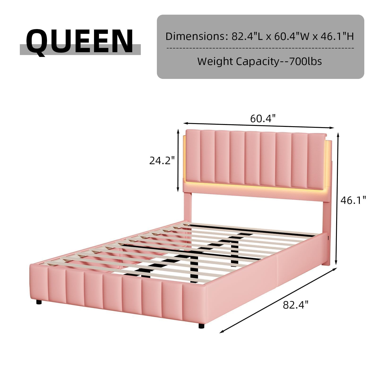 Pink Queen LED Bed Frame with Upholstered Headboard