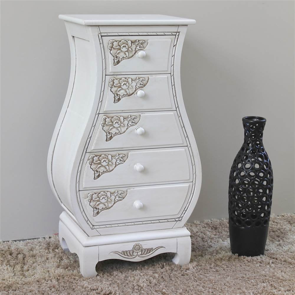 5-Drawer Hand Carved Bombe Chest in Antique White