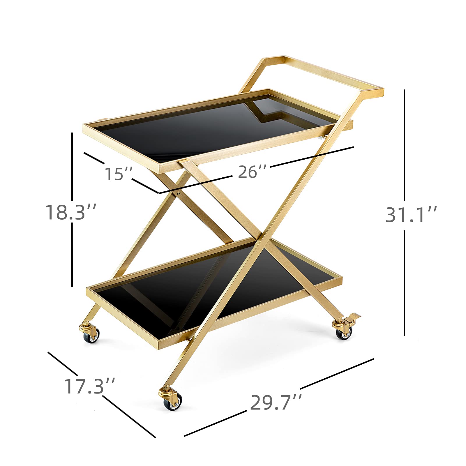 Gold Finish Bar Cart on Wheels with Glass Shelves