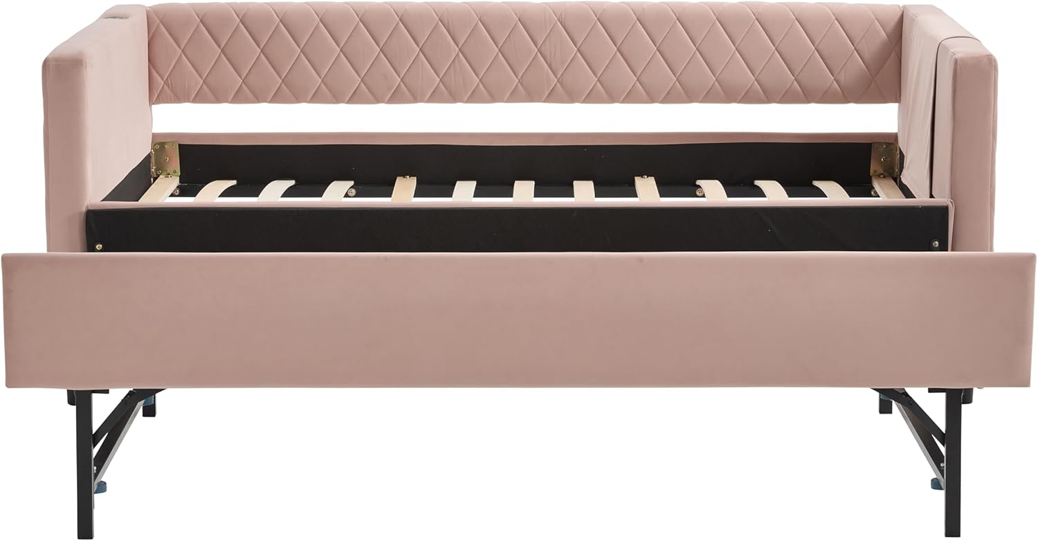 Twin Size Upholstered Daybed with Trundle and Charging Station