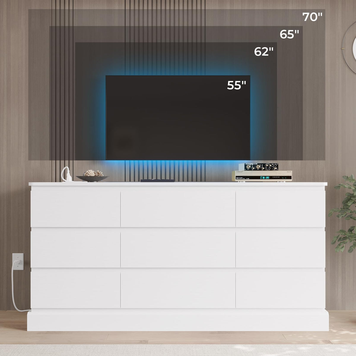 Modern White Dresser with 9 Drawers and Power Outlets