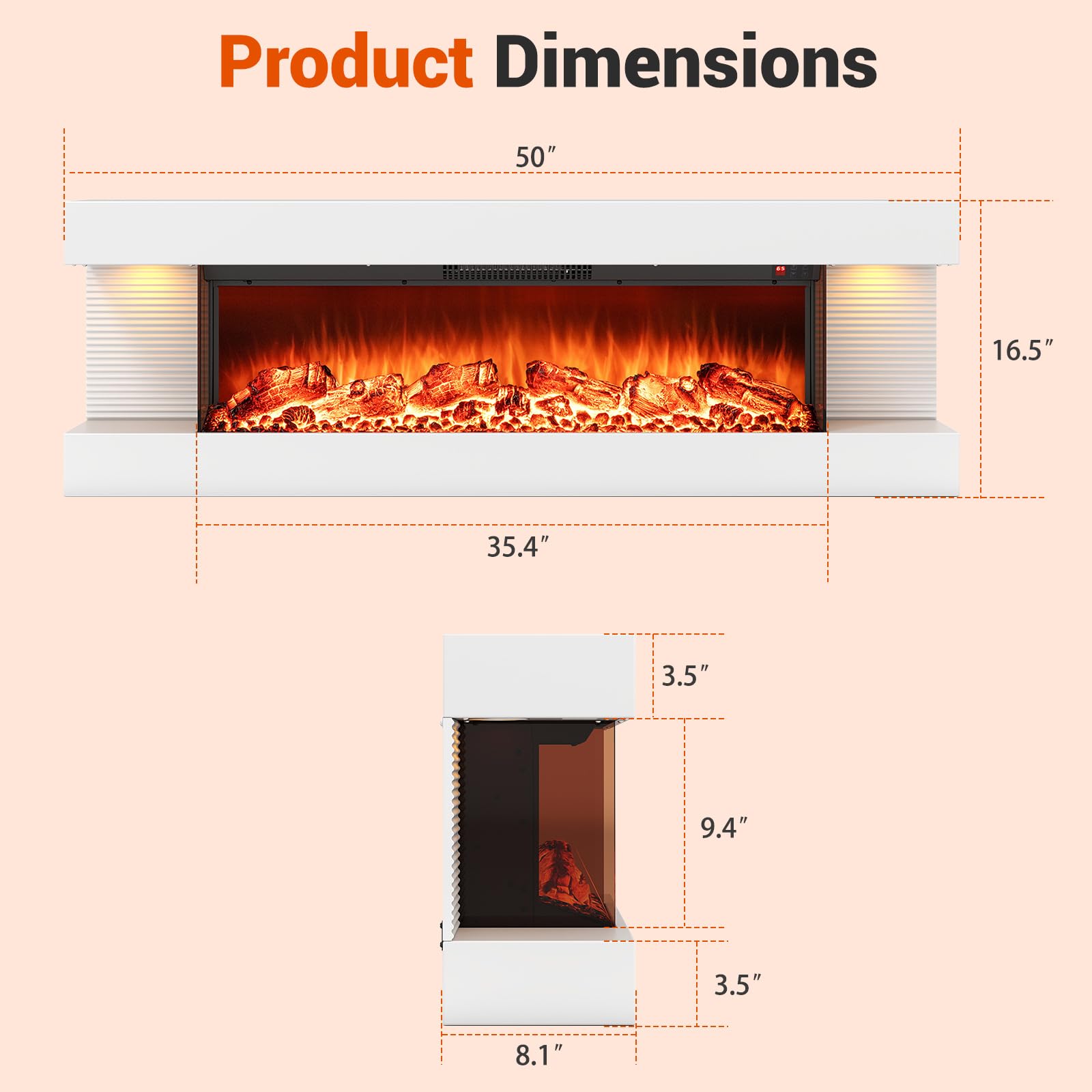 50-Inch Wall Mount Electric Fireplace with Floating Mantel