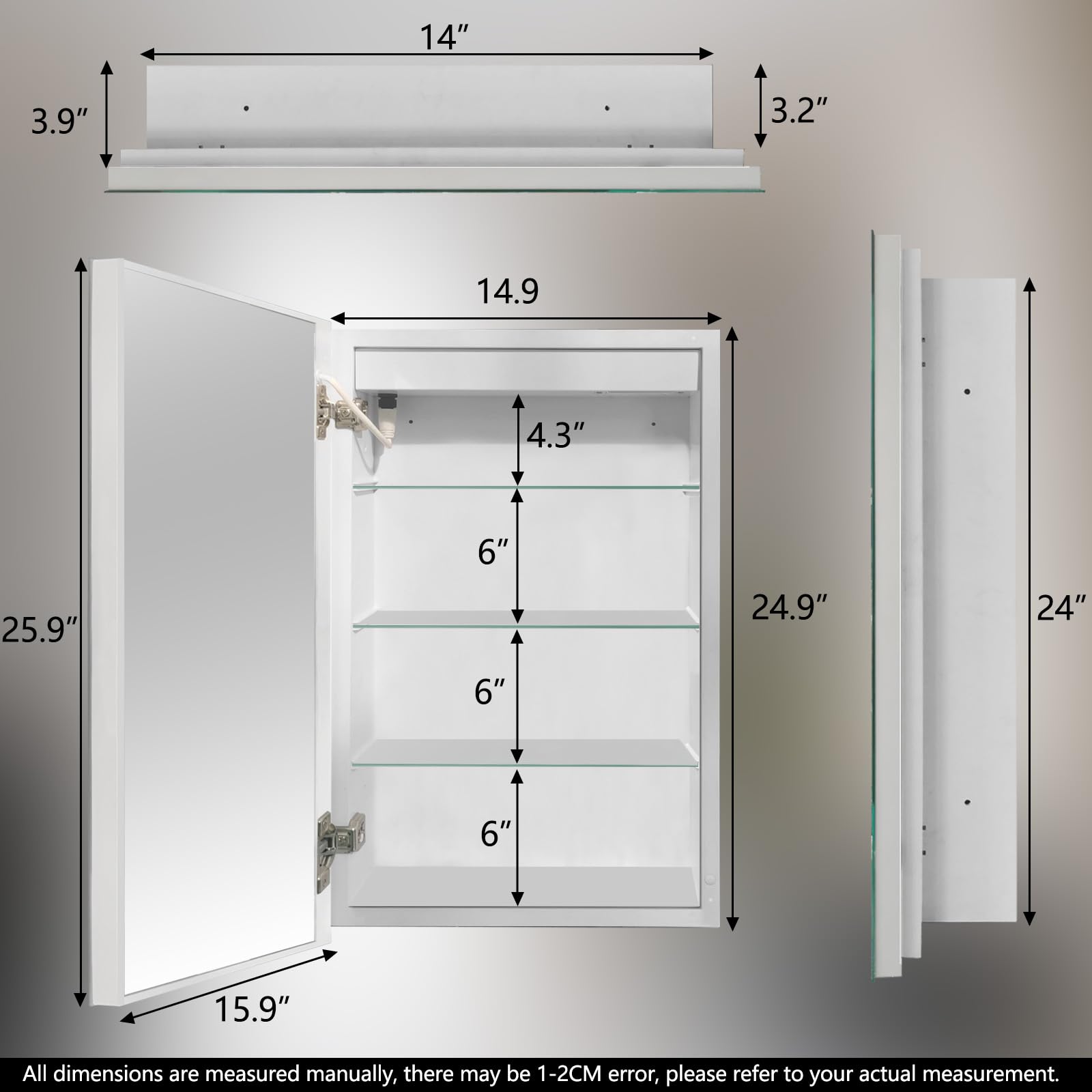 Smart LED Medicine Cabinet with Anti-Fog Mirror 16x26 Inch