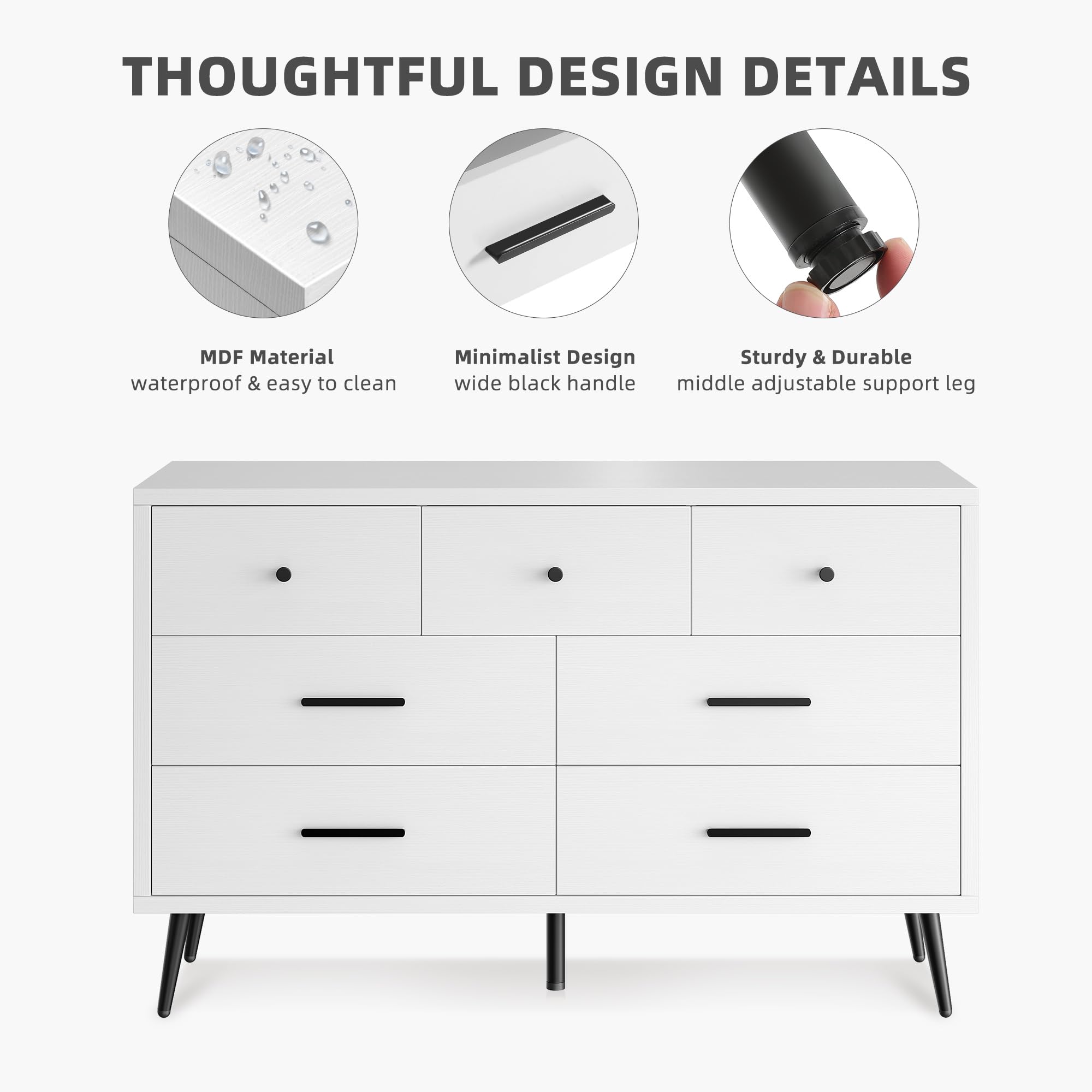 White 7 Drawer Dresser 47 Inch Wide Double Chest of Drawers