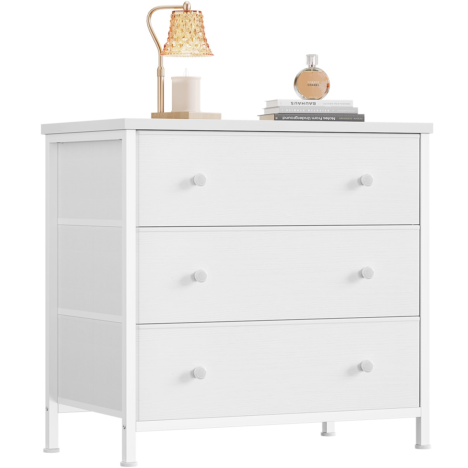 White Nightstand with 3 Fabric Drawers