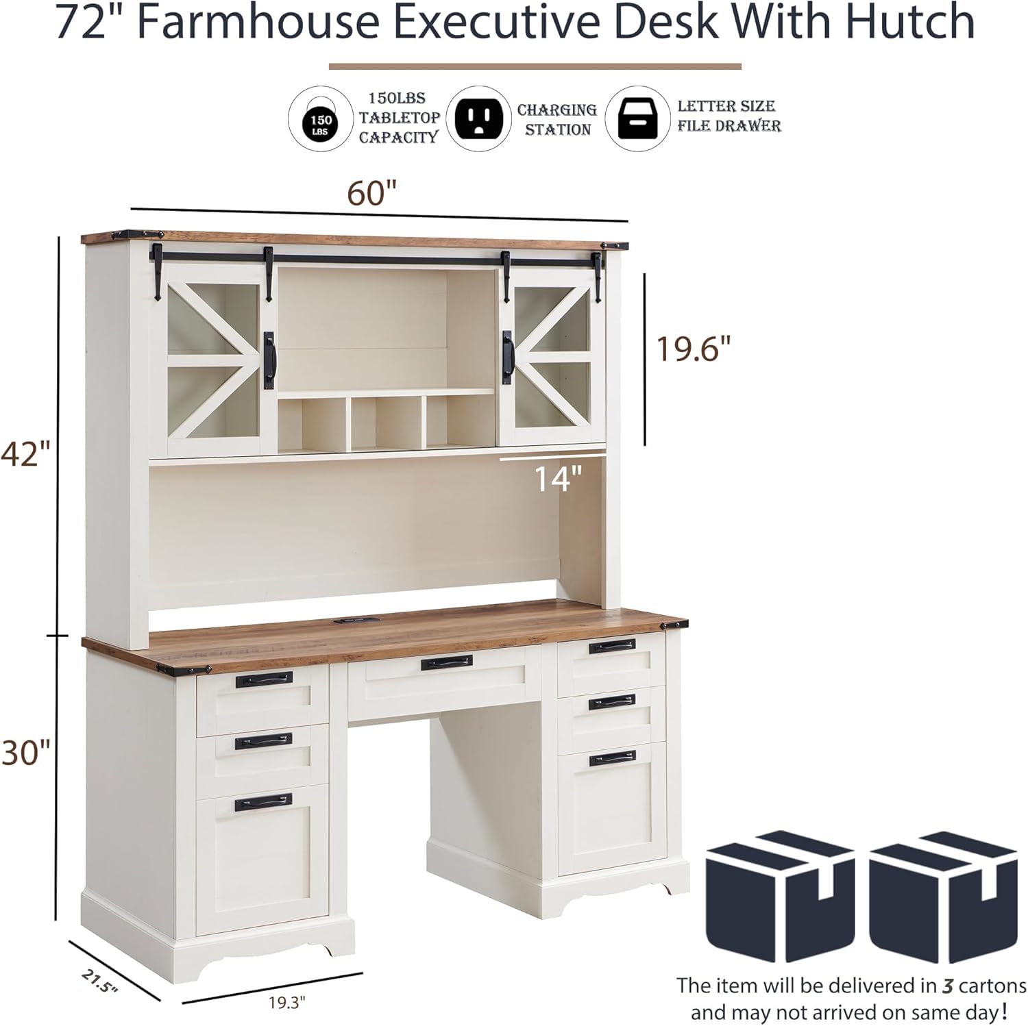 60" Farmhouse Desk with Hutch and Storage Cabinet