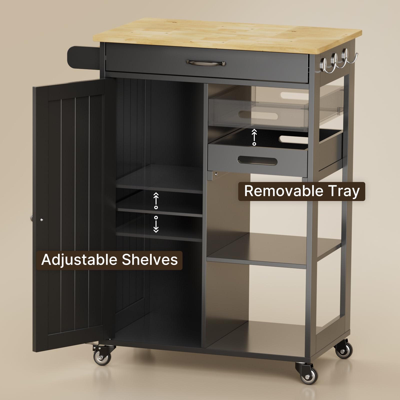 Kitchen Island Cart with Solid Wood Top