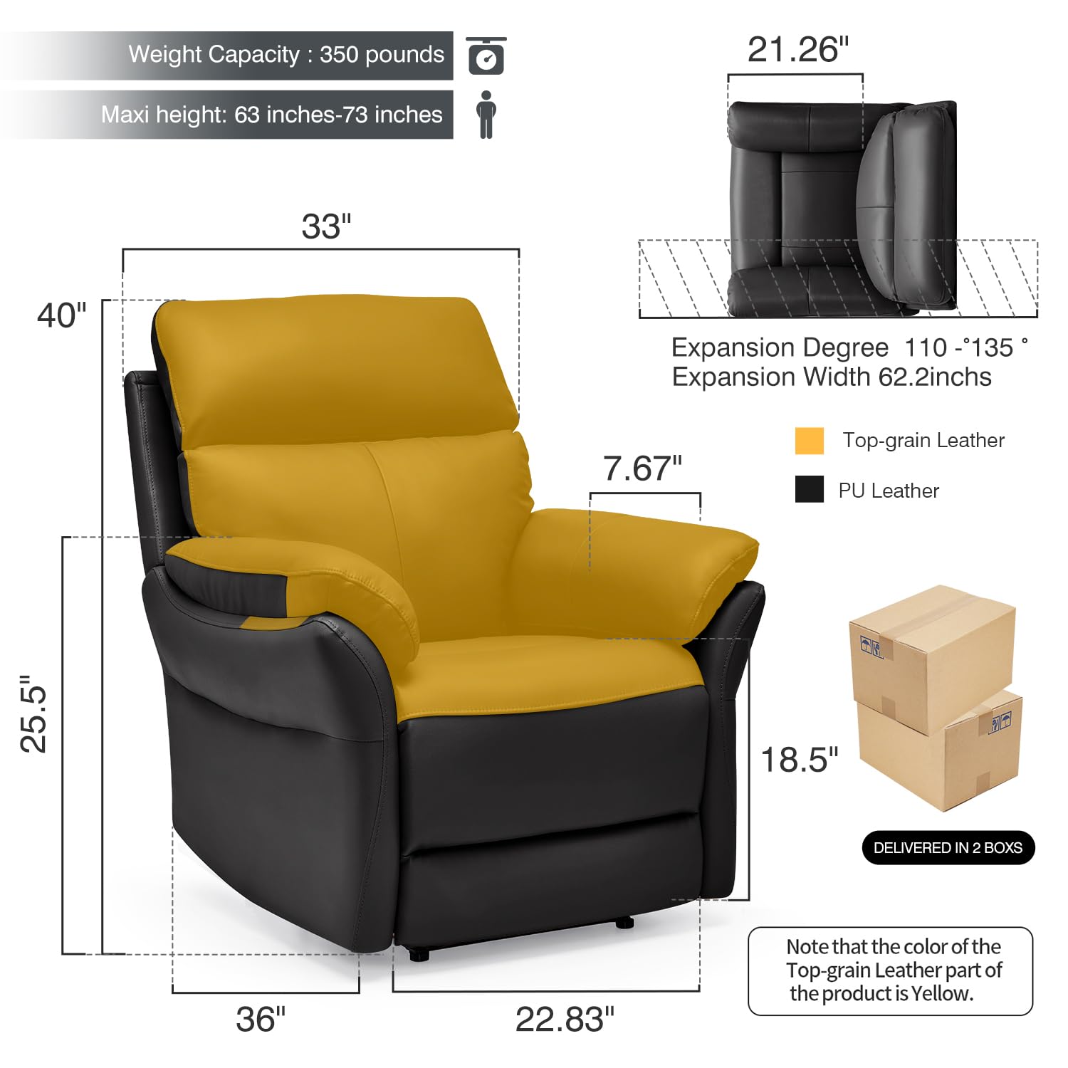 AIRSKY Genuine Leather Recliner Chair, Top Grain Leather, Italian Water-Washing Process, Reclining Sofa Chair for Reading, Single Sofas for Living Room, Theater Seating, Bedroom. Black,R1