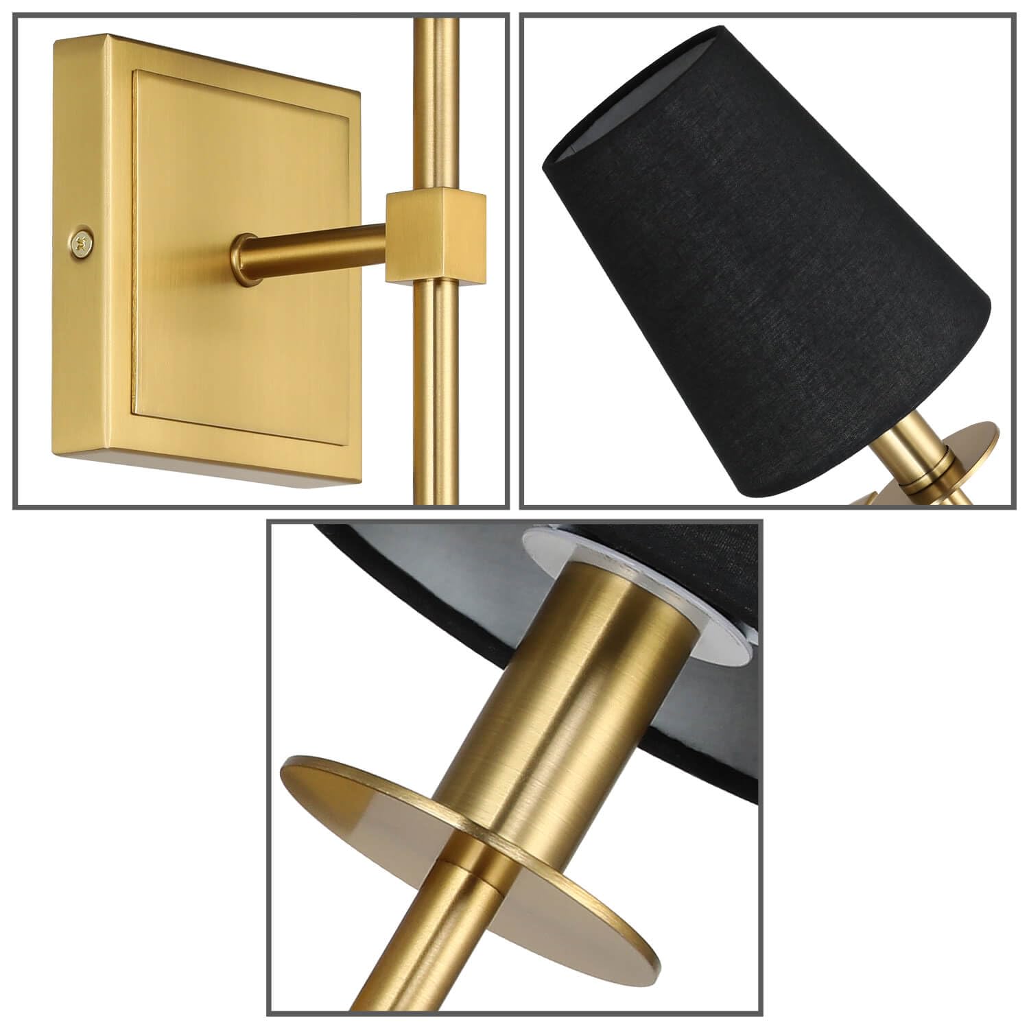 Hardwired Brushed Brass Wall Sconces Set of 2 with Black Fabric Shade