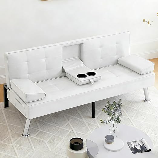 Convertible Folding Futon Sofa Bed with Cup Holders