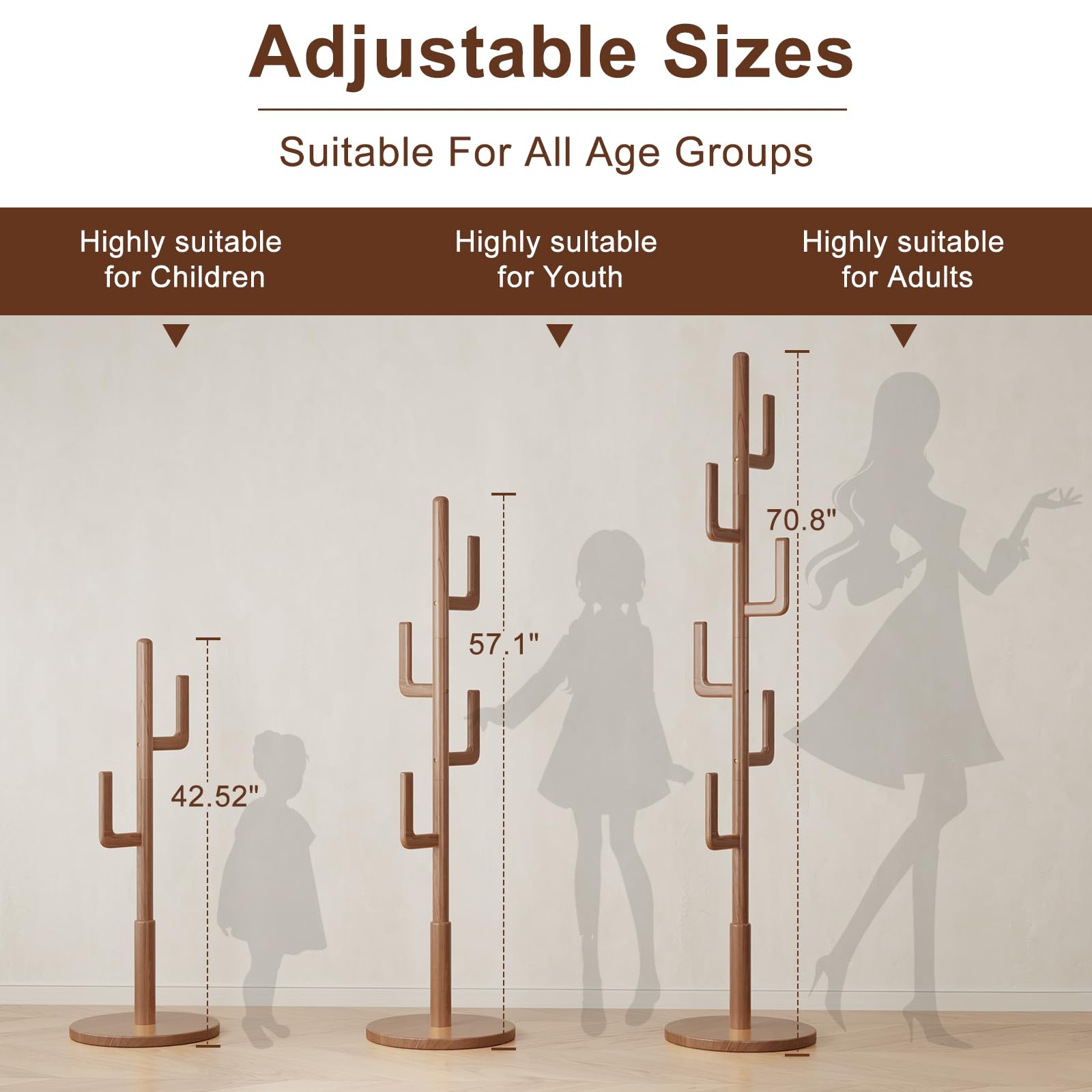 Solid Wood Cactus Coat Rack with 6 L-Shaped Hooks