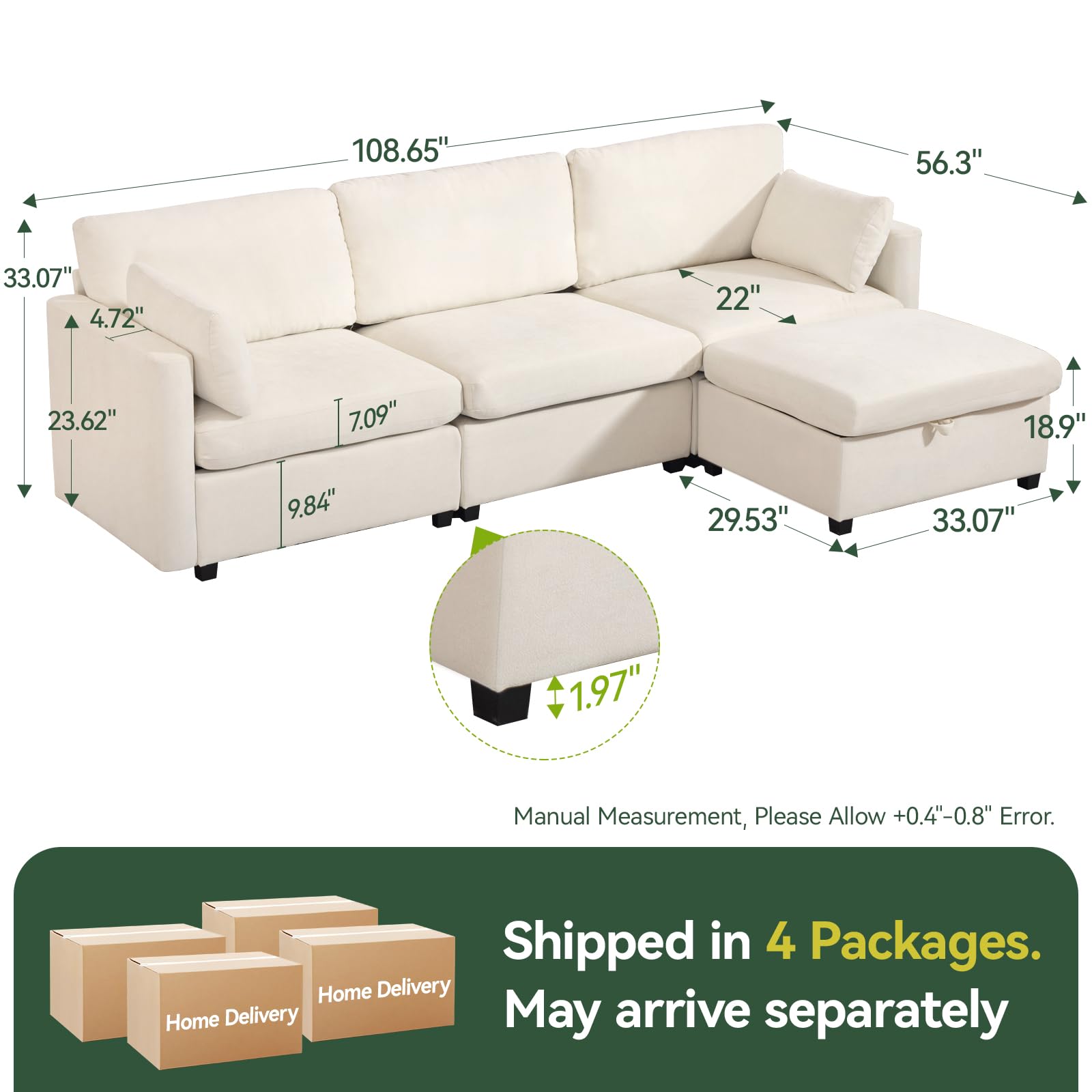 109'' Modular Sectional Sofa with Storage Ottoman