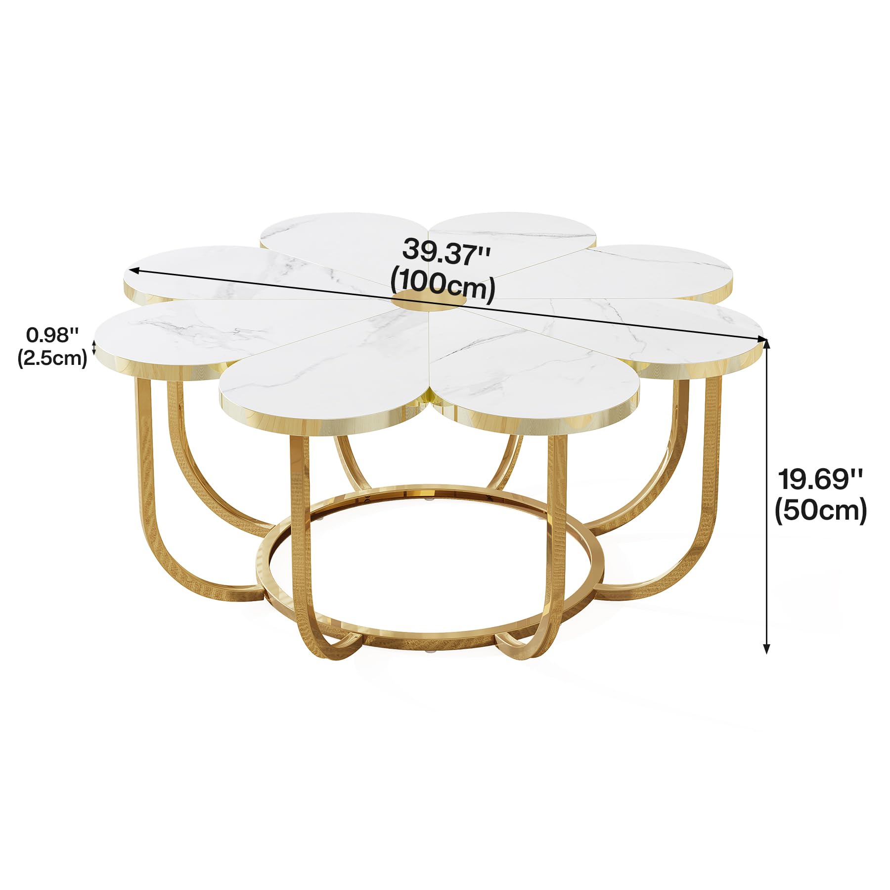 White and Gold Coffee Table with Flower-Shaped Marble Tabletop