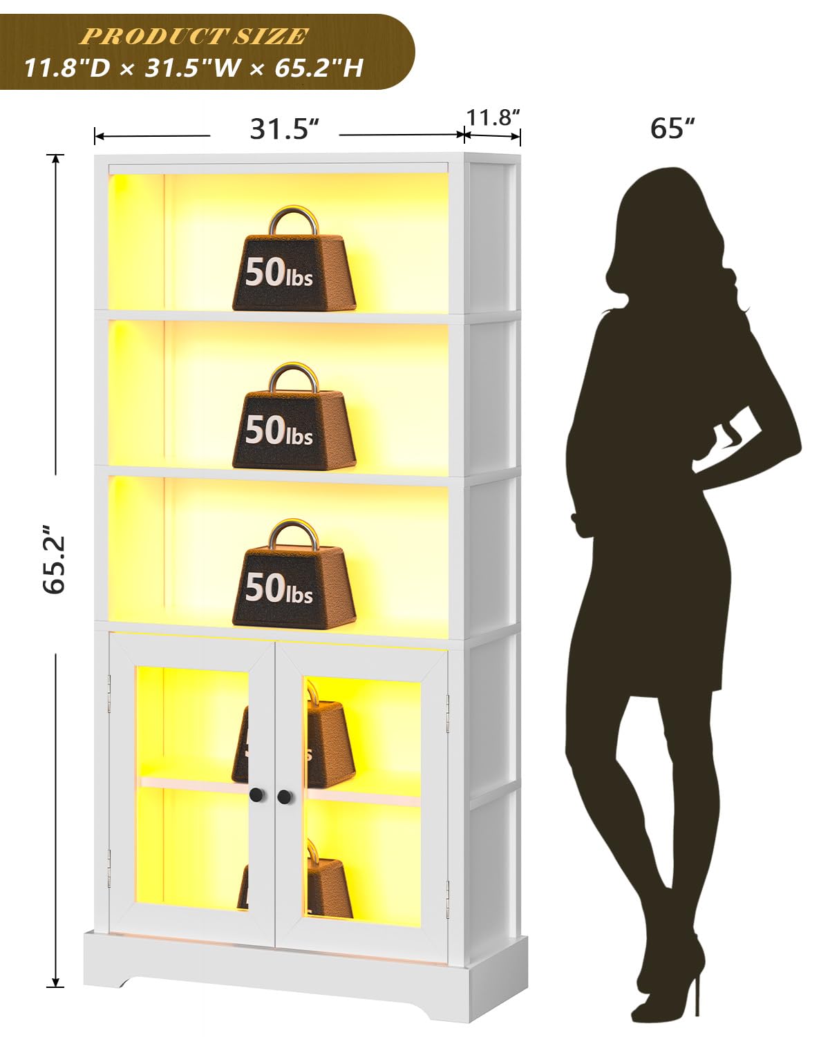 5-Tier Bookshelf with Multi-Color Ambient Lights and Cabinet Doors