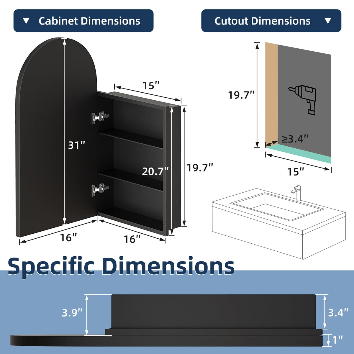 Black Arched Medicine Cabinet with Adjustable Shelves