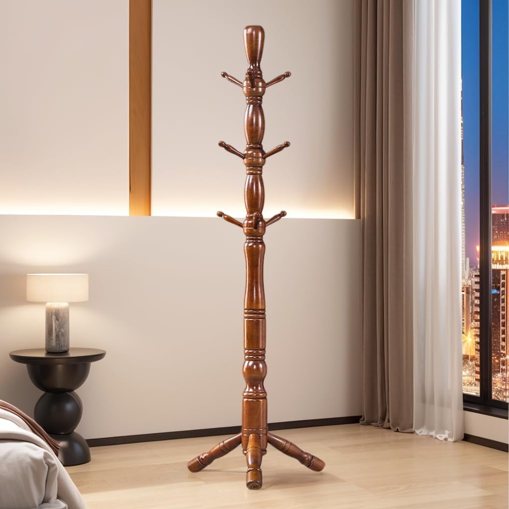 Wood Coat Rack Hall Tree with Triangle Base and 9 Hooks