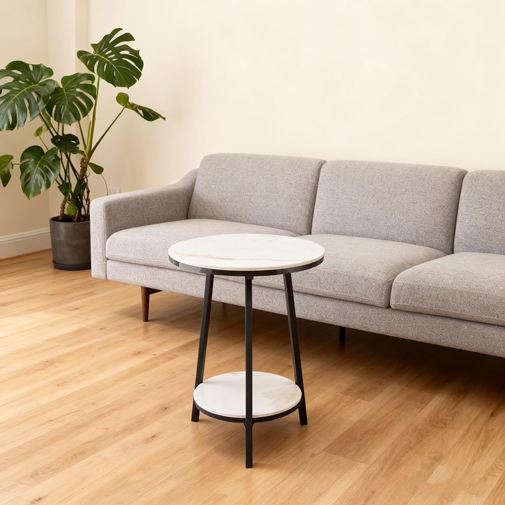 2-Tier Round Marble Side Table - White and Black End Table