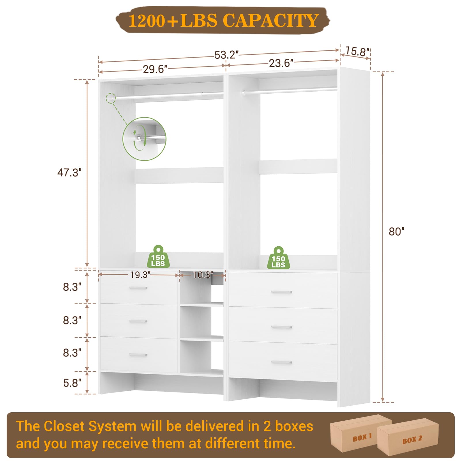 Closet System with 6 Drawers and Hanging Rods
