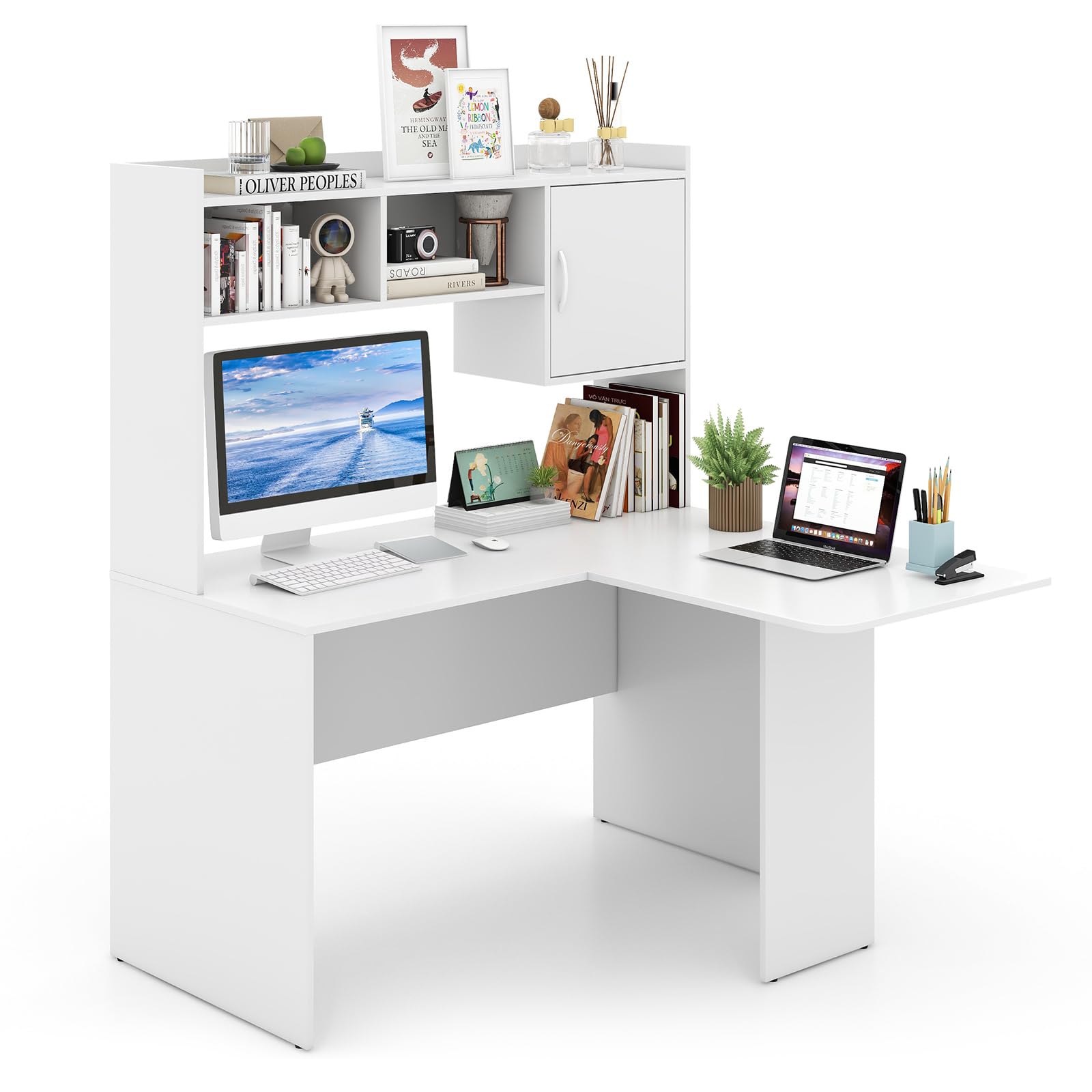 L-Shaped Corner Desk with Hutch and Storage Cabinet
