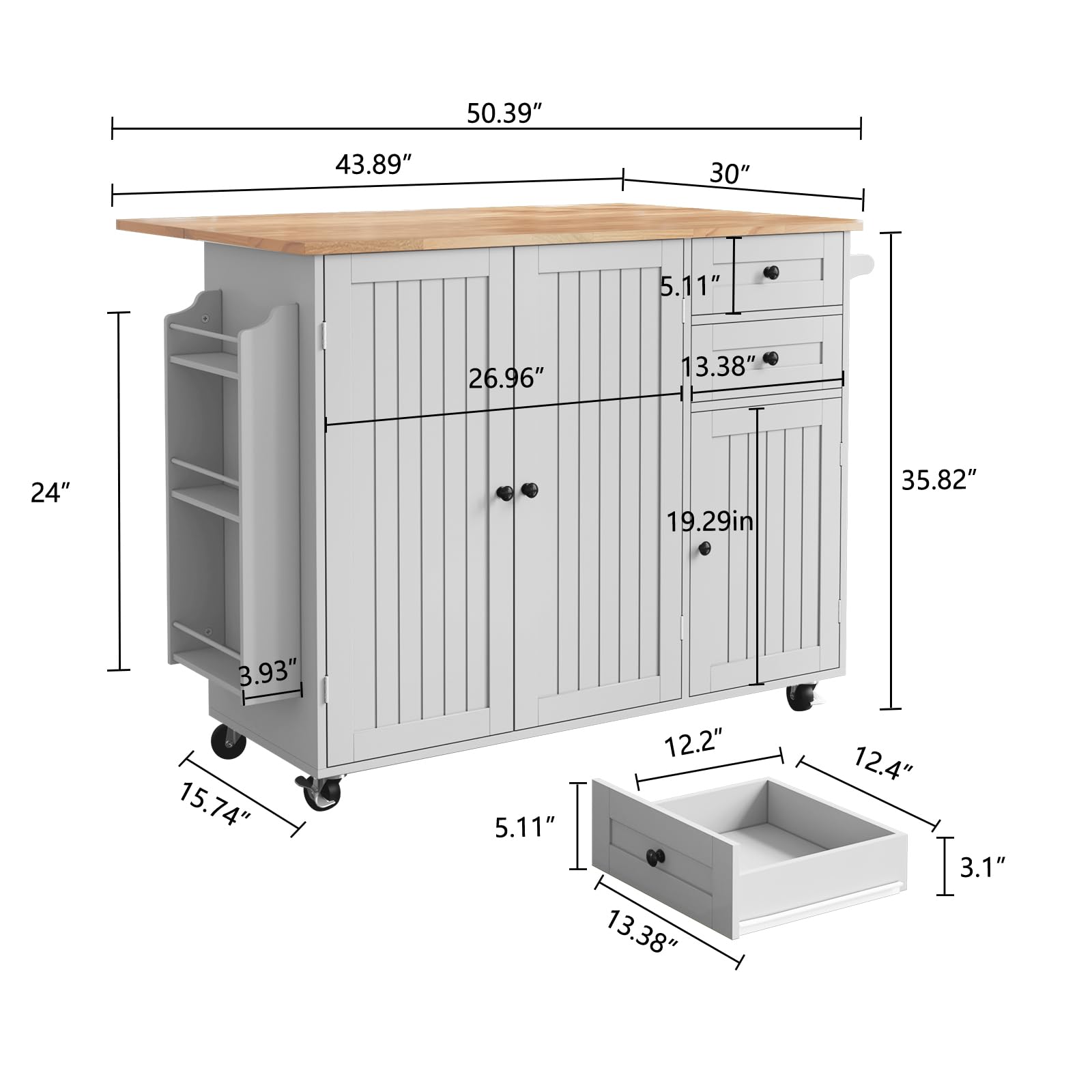Grey Rolling Kitchen Island with Drop-Leaf and Storage