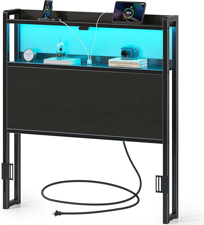 Queen Size Upholstered Headboard with LED Lights and USB Charging