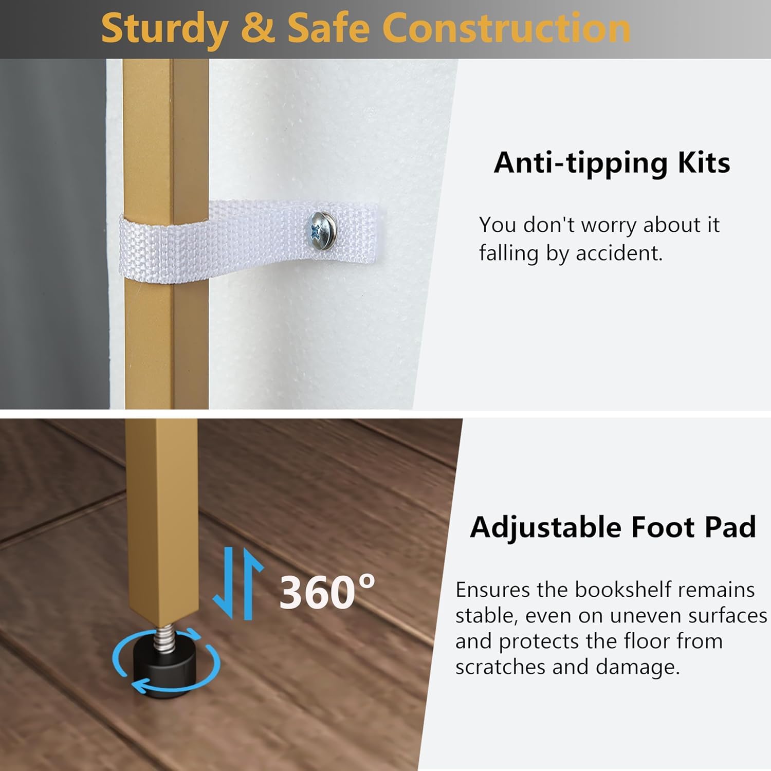 8-Tier Open Shelf Bookcase with Gold Metal Frame