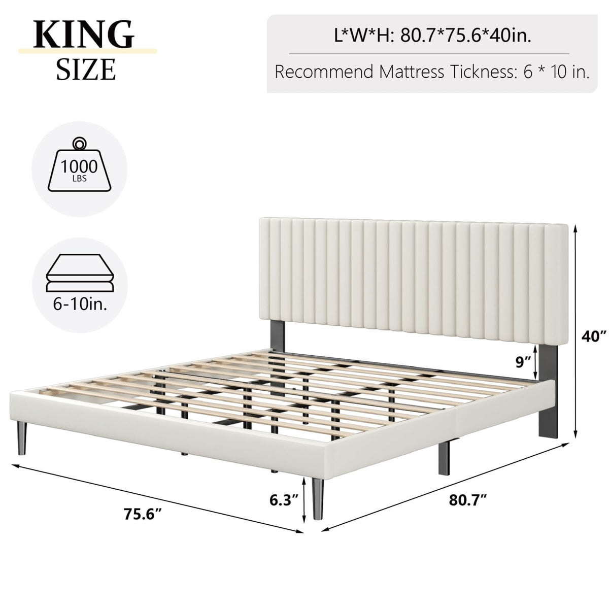 King Size Platform Bed Frame Velvet Upholstered Headboard