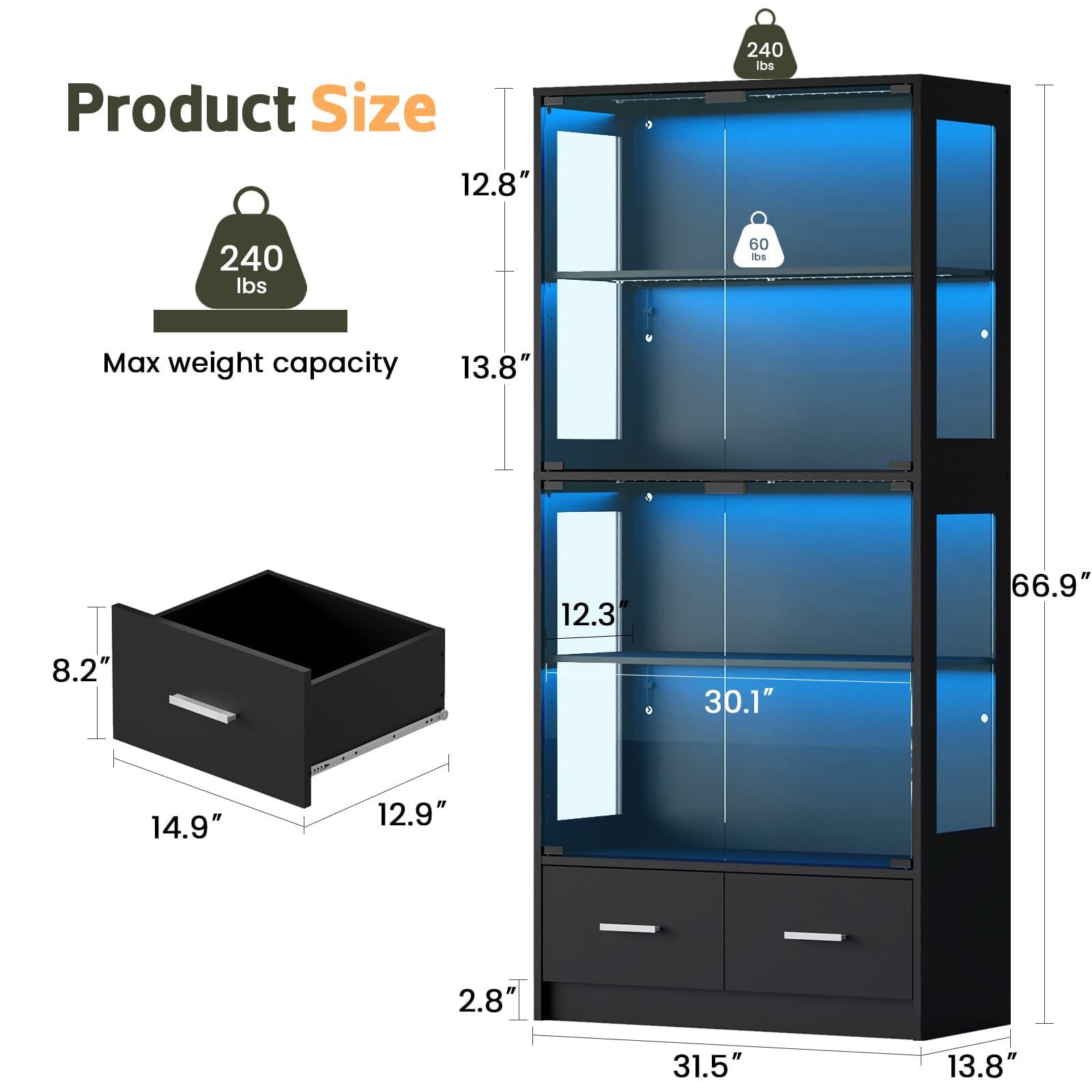 67" Glass Display Cabinet with RGB LED Lights & 2 Drawers