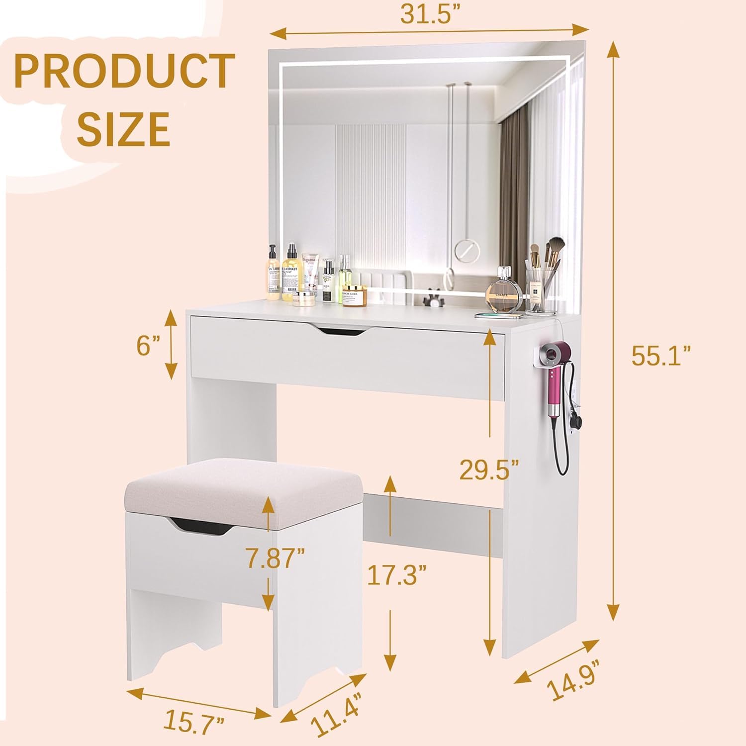 Vanity Desk Set with LED Lighted Mirror and Power Outlet