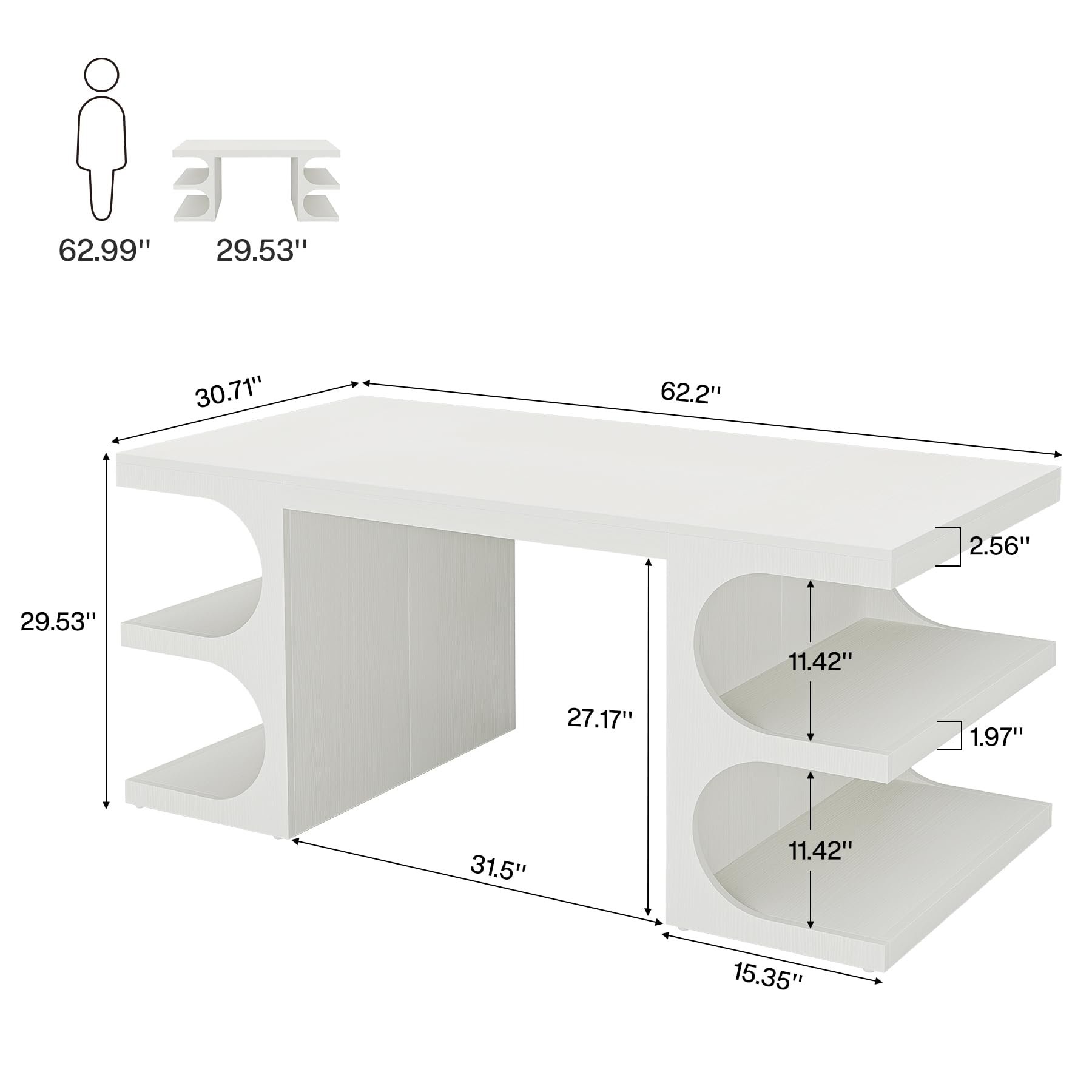 63 Inch White Executive Office Desk with Storage Shelves