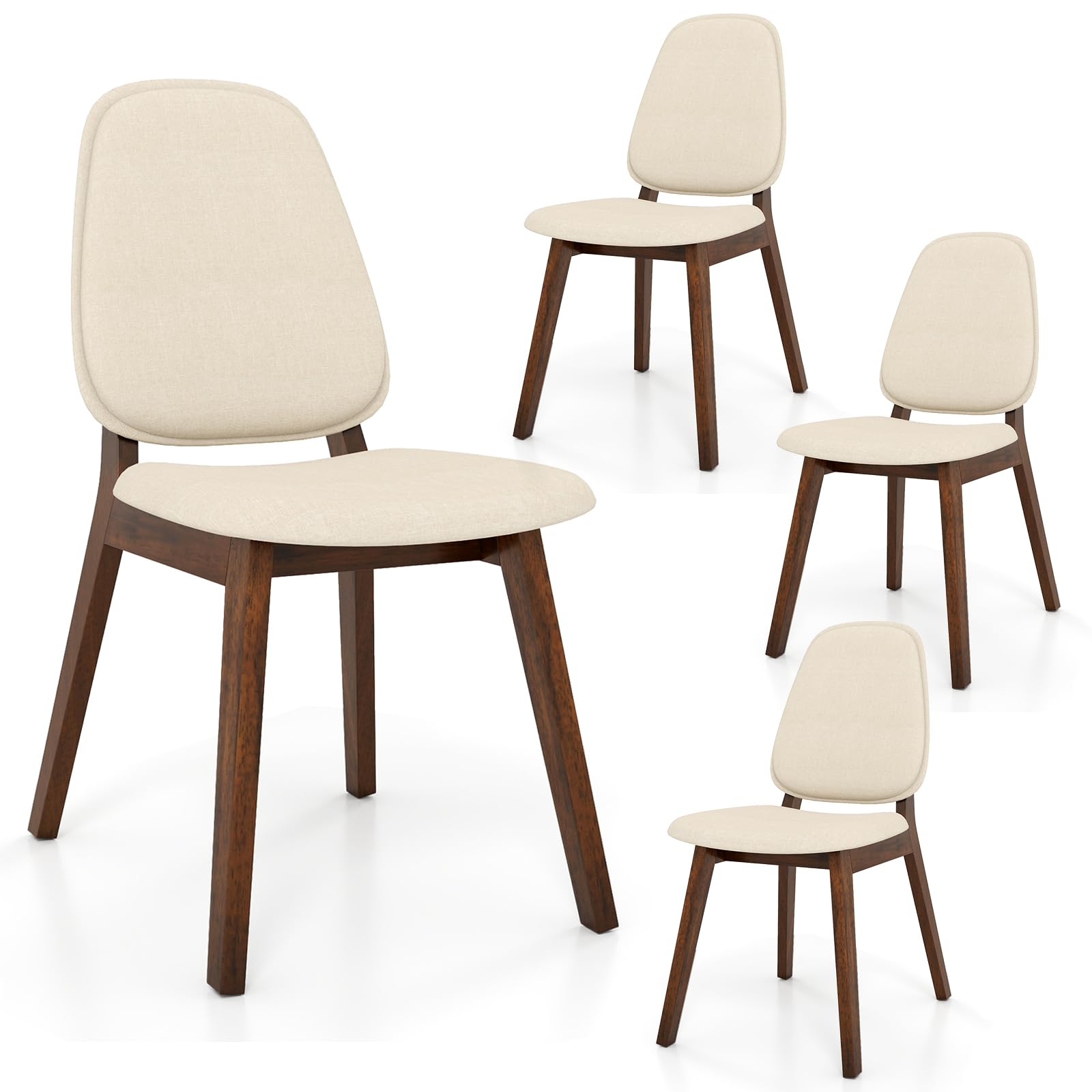 Wooden Dining Chairs Set of 4 - Linen Upholstered with Curved Back