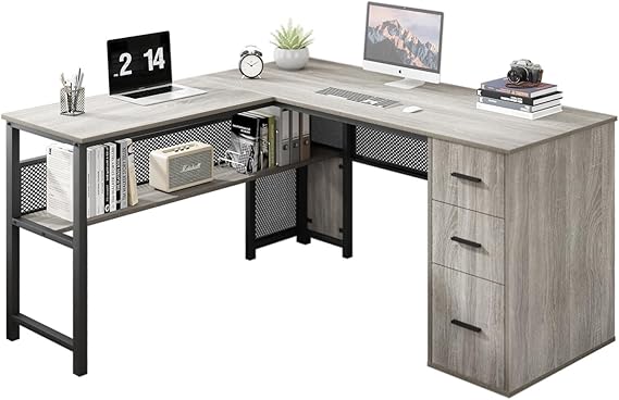 Black L Shaped Desk with Drawers and Storage Shelf