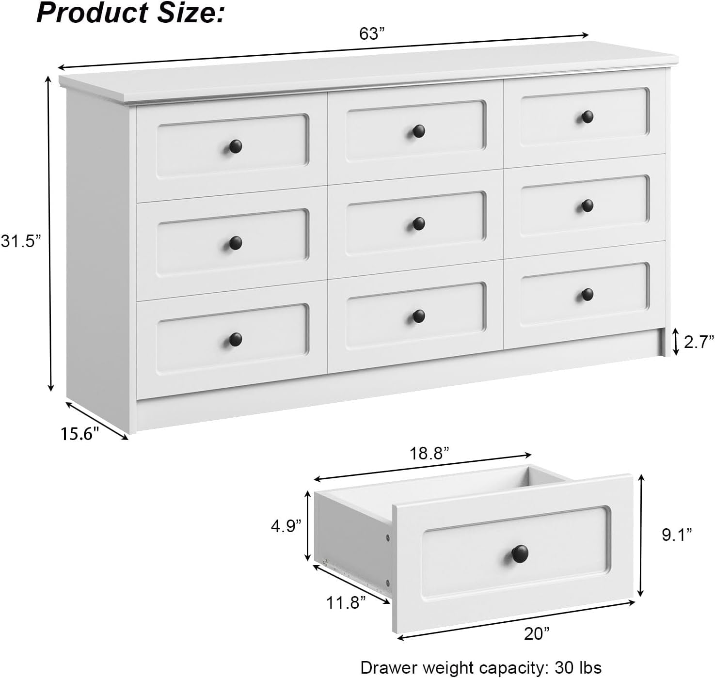63 Inch 9 Drawer Tall Dresser White